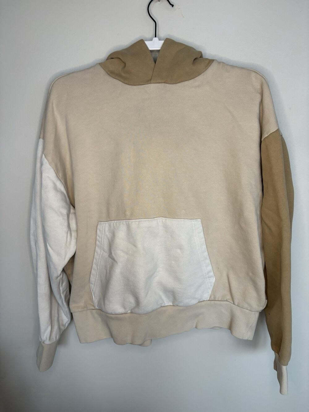 American Eagle Colorblock Hoodie Mens Large Beige Tan Pullover Sweatshirt Casual